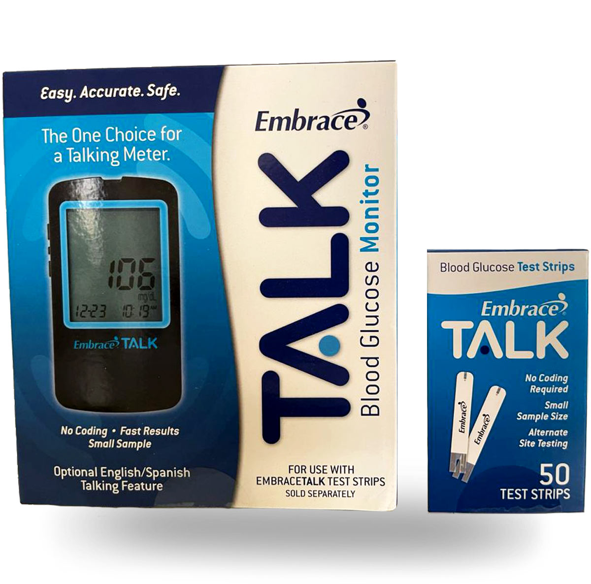 Embrace TALK Blood Glucose 50 Test Strips PLUS METER TALK.