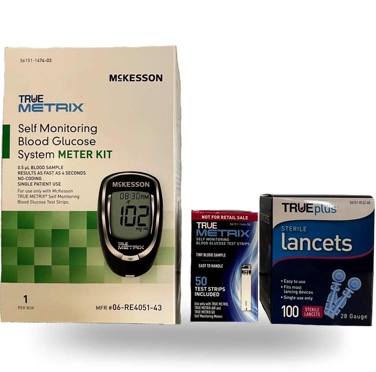 McKesson True Metrix Self Monitoring Blood Glucose System Meter Kit Plus 50 Test Strips Plus 100 Lancets